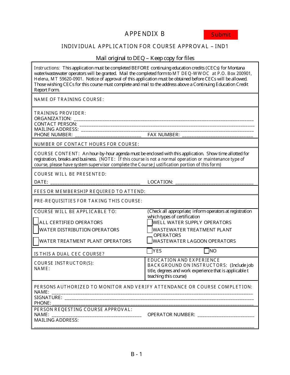 Form IND1 Appendix B Individual Application for Course Approval - Montana, Page 1