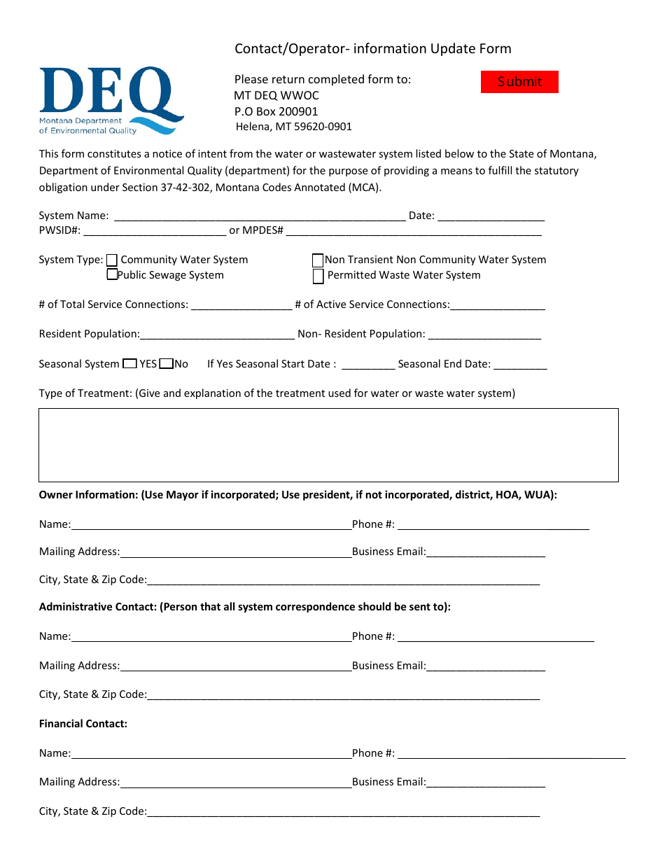 Contact/Operator Information Update Form - Montana, Page 1
