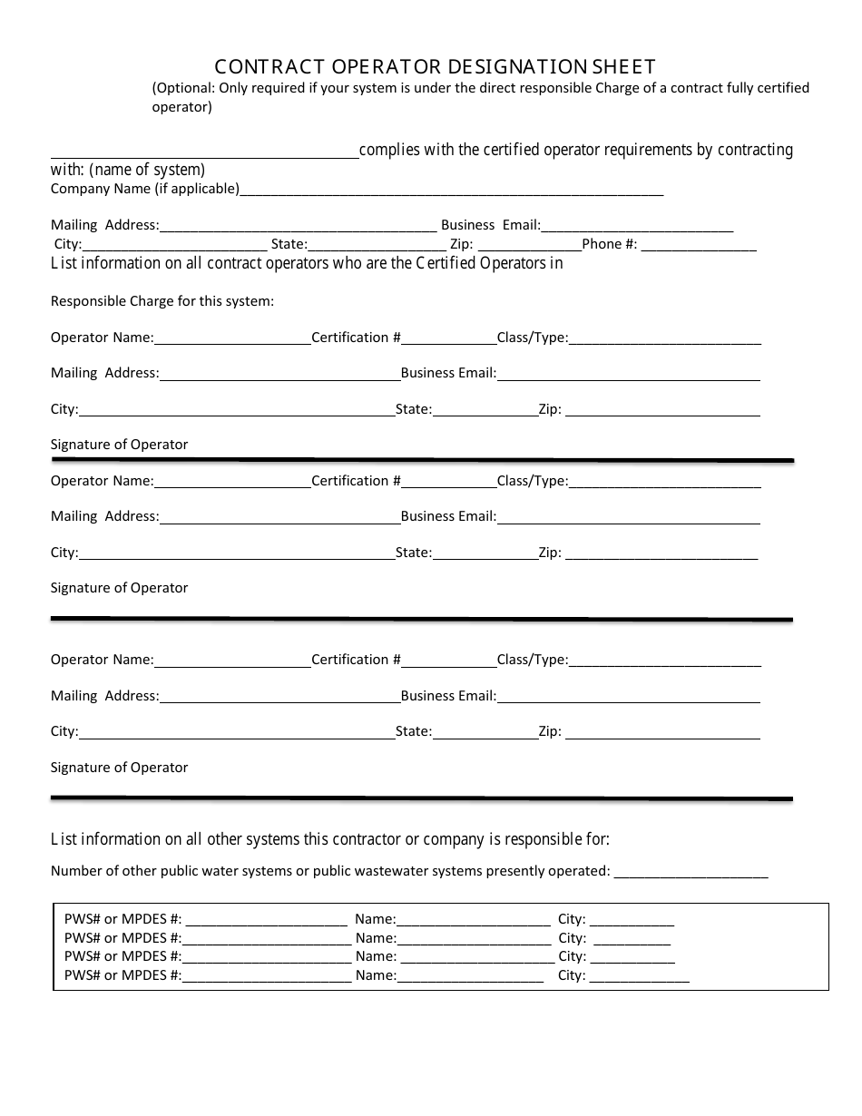 Contract Operator Designation Sheet - Montana, Page 1