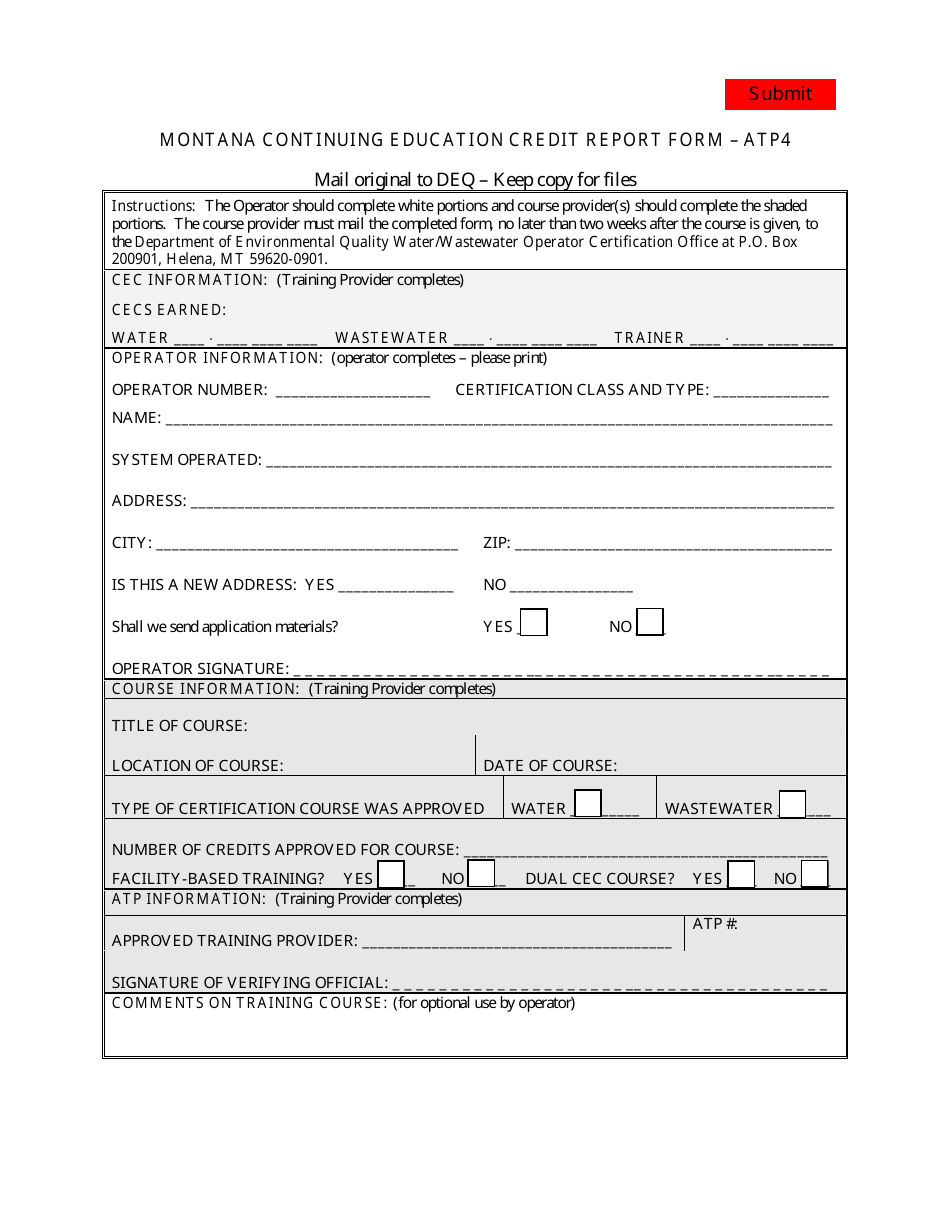 Form ATP4 Montana Continuing Education Credit Report Form - Montana, Page 1