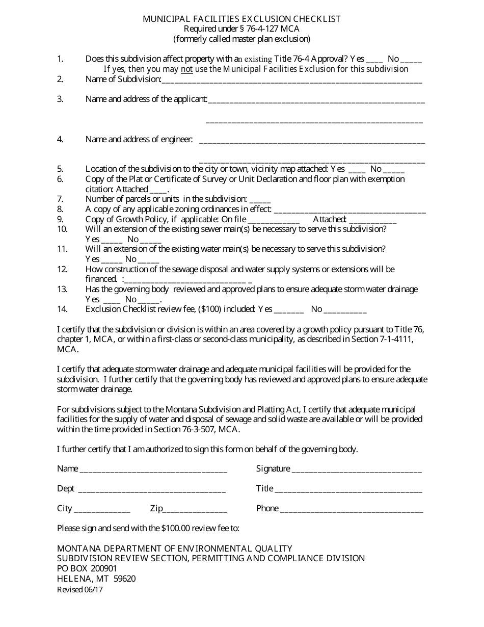 Municipal Facilities Exclusion Checklist - Montana, Page 1