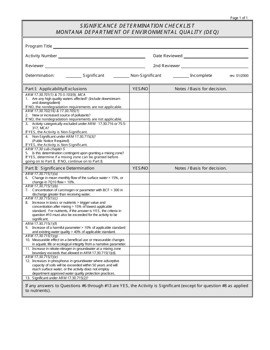 Montana Significance Determination Checklist - Fill Out, Sign Online ...