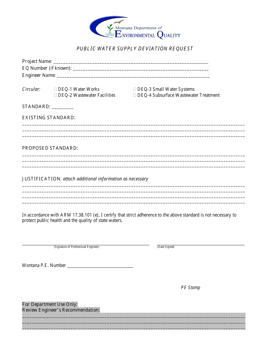 Public Water Supply Deviation Request Form - Montana, Page 1