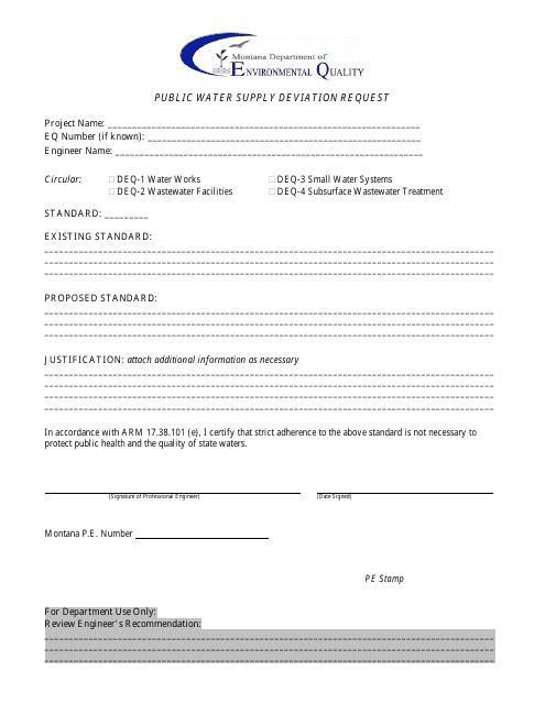 Public Water Supply Deviation Request Form - Montana