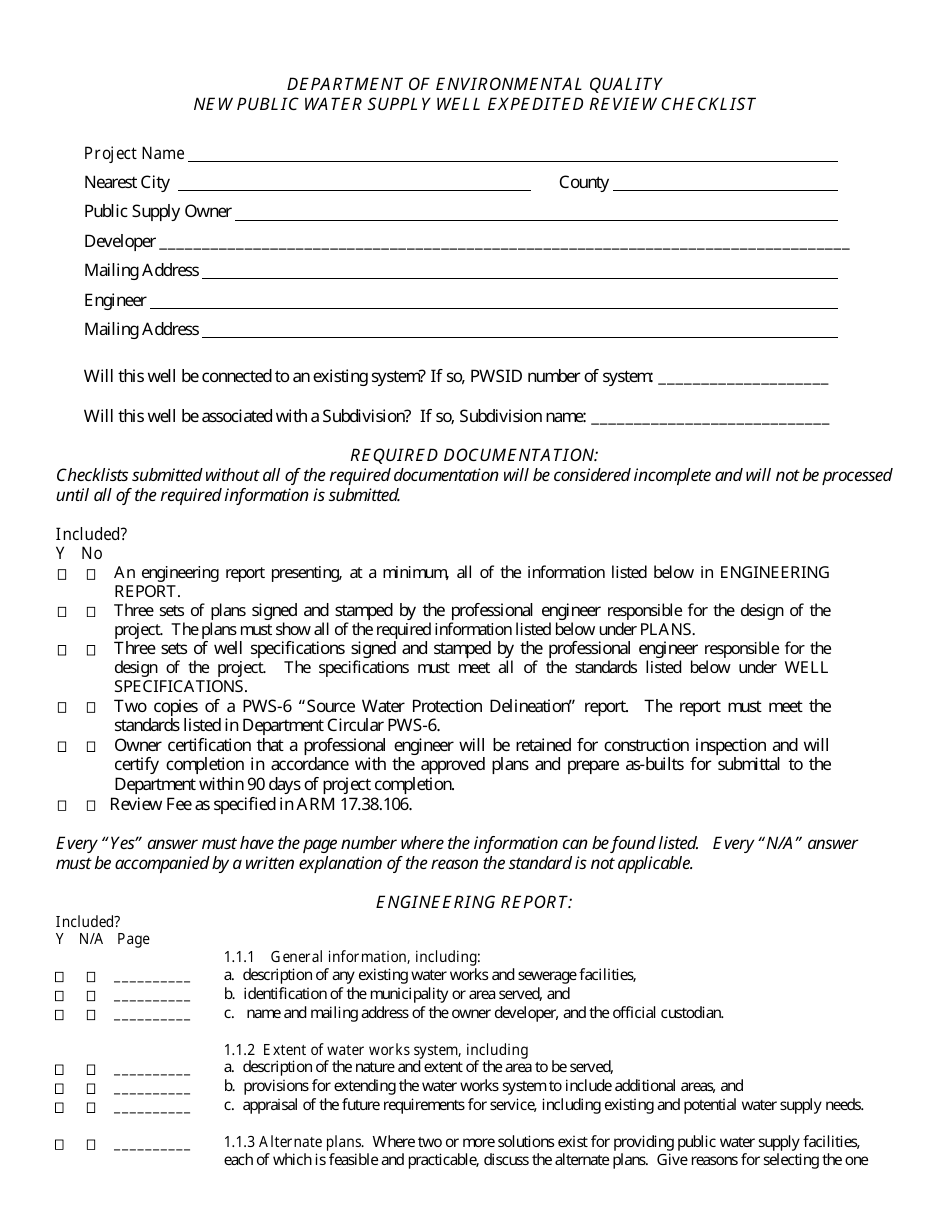 New Public Water Supply Well Expedited Review Checklist - Montana, Page 3