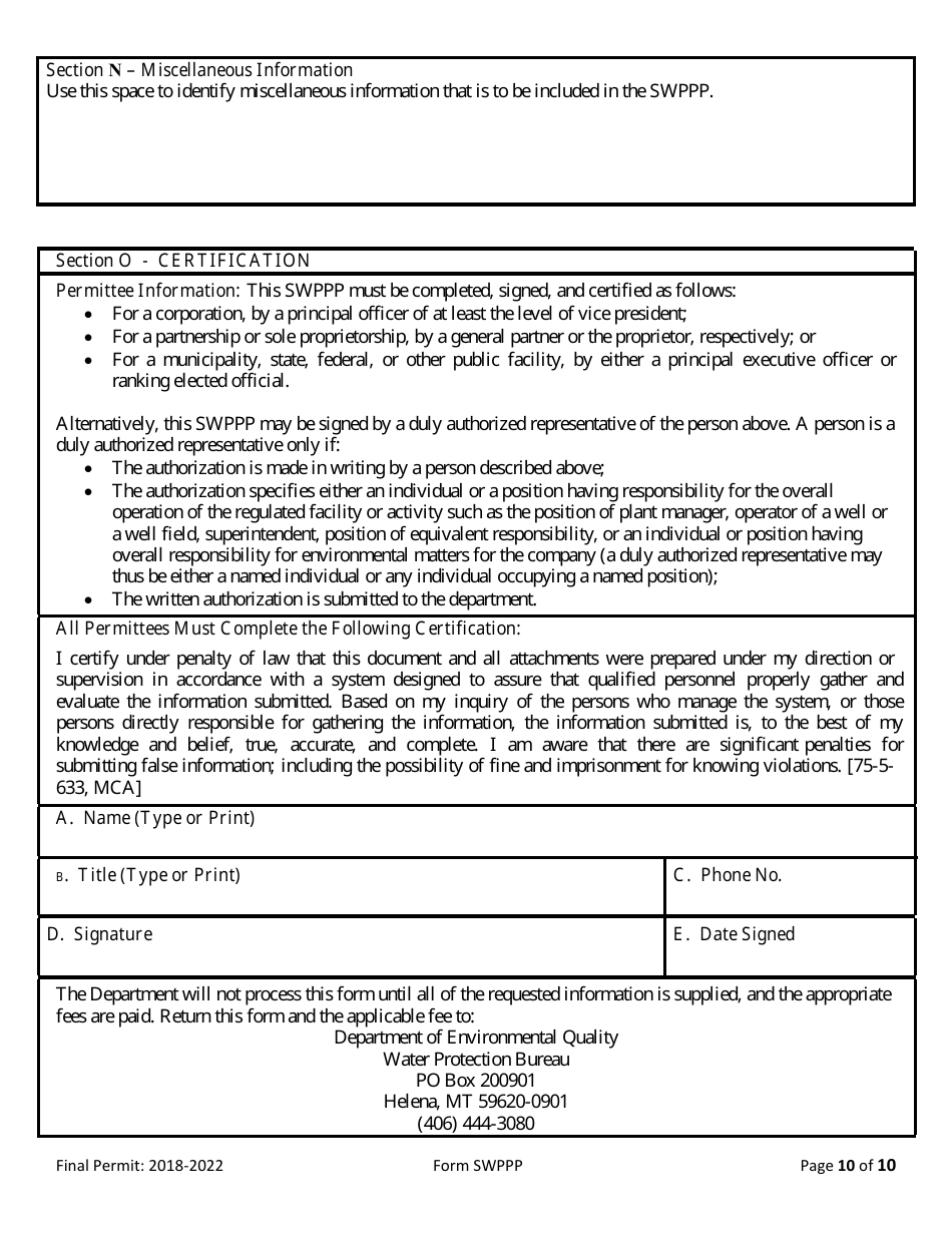 Form SWPPP Storm Water Pollution Prevention Plan (Swppp) Form - Montana, Page 10