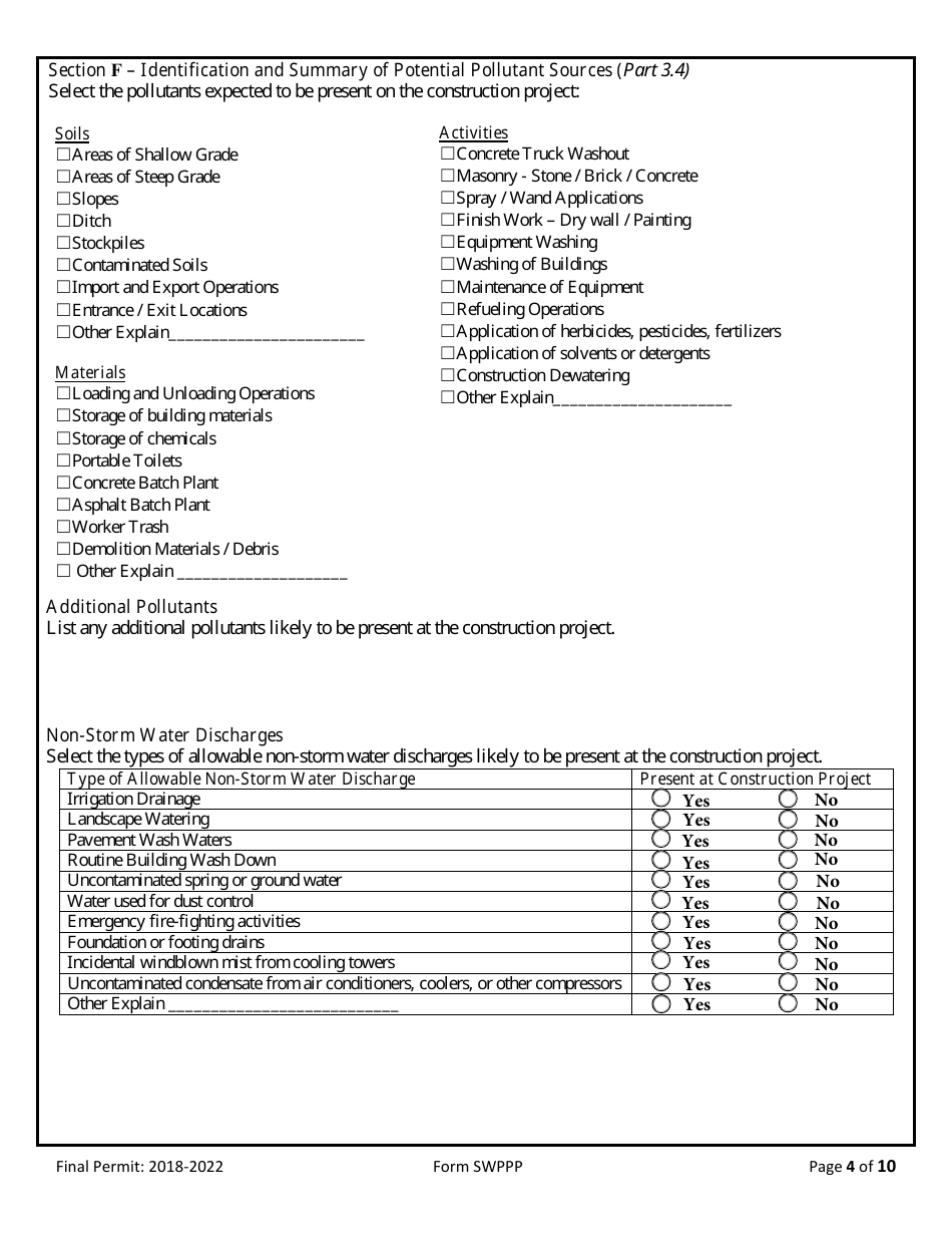Form SWPPP Storm Water Pollution Prevention Plan (Swppp) Form - Montana, Page 4