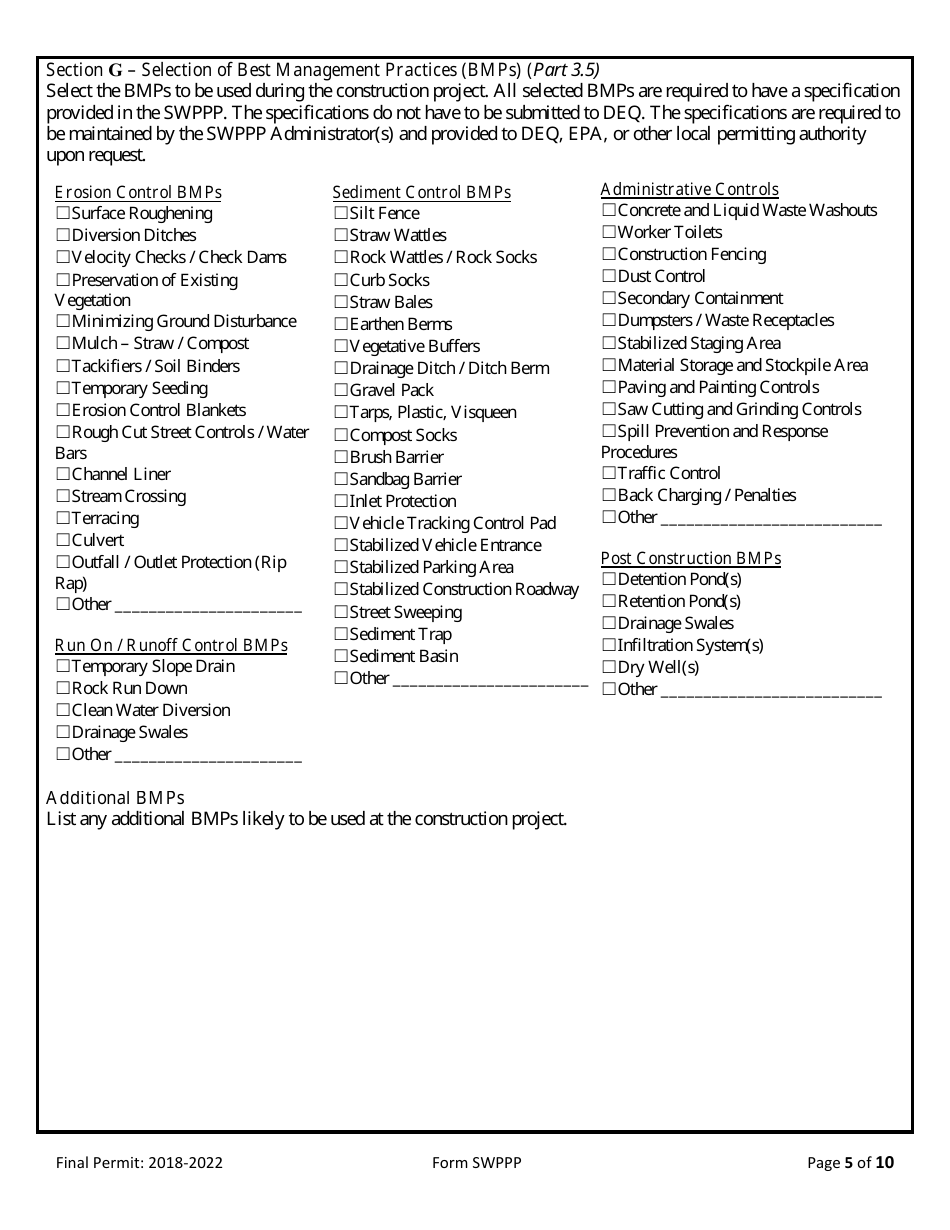 Form SWPPP Storm Water Pollution Prevention Plan (Swppp) Form - Montana, Page 5