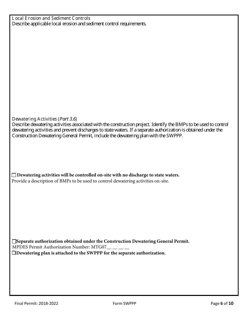 Form SWPPP Storm Water Pollution Prevention Plan (Swppp) Form - Montana, Page 6