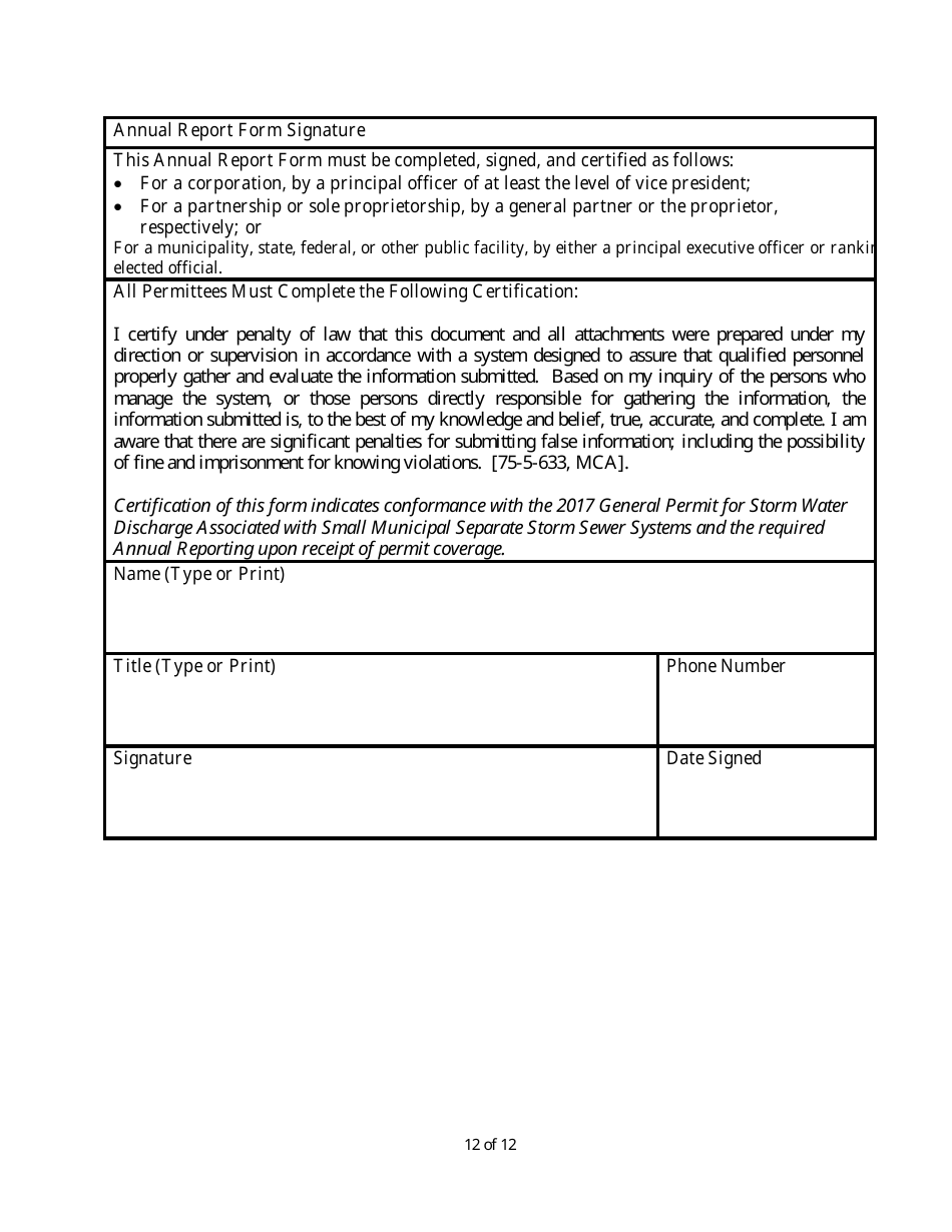 Form MS4-AR Mpdes Storm Water Small Ms4 Annual Report Form - Montana, Page 12