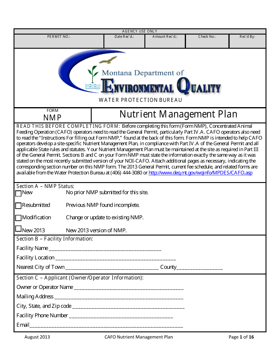 Form NMP Nutrient Management Plan - Montana, Page 1