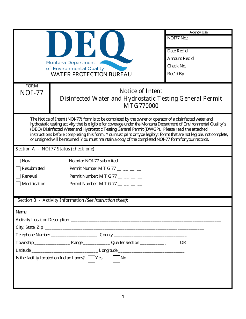 Form NOI-77 Notice of Intent - Disinfected Water and Hydrostatic Testing General Permit (Mtg770000) - Montana, Page 1