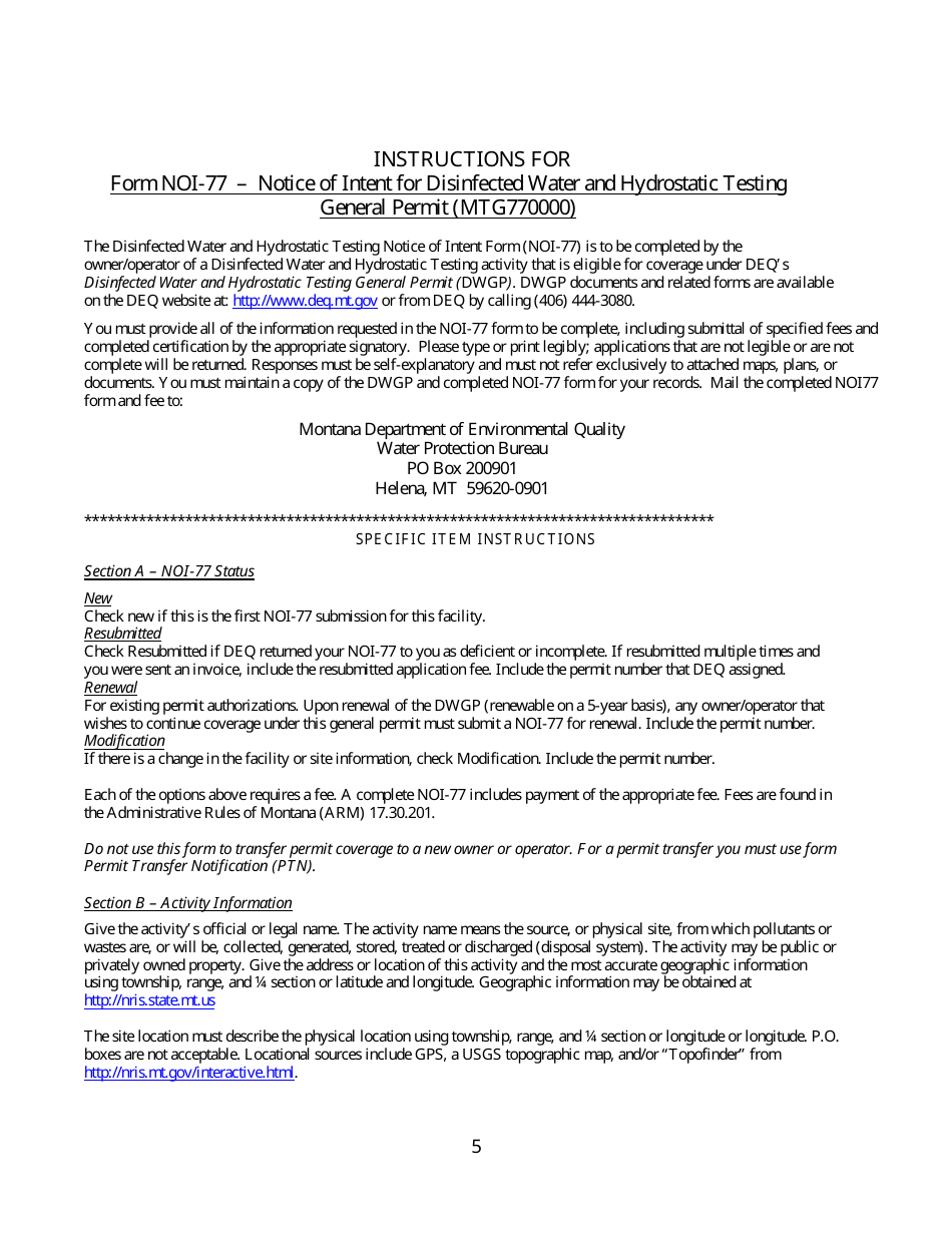 Form NOI-77 Notice of Intent - Disinfected Water and Hydrostatic Testing General Permit (Mtg770000) - Montana, Page 5