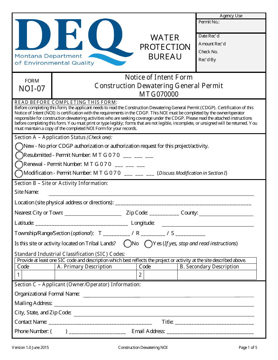 Form NOI-07 Notice of Intent Form - Construction Dewatering General Permit (Mtg070000) - Montana, Page 1