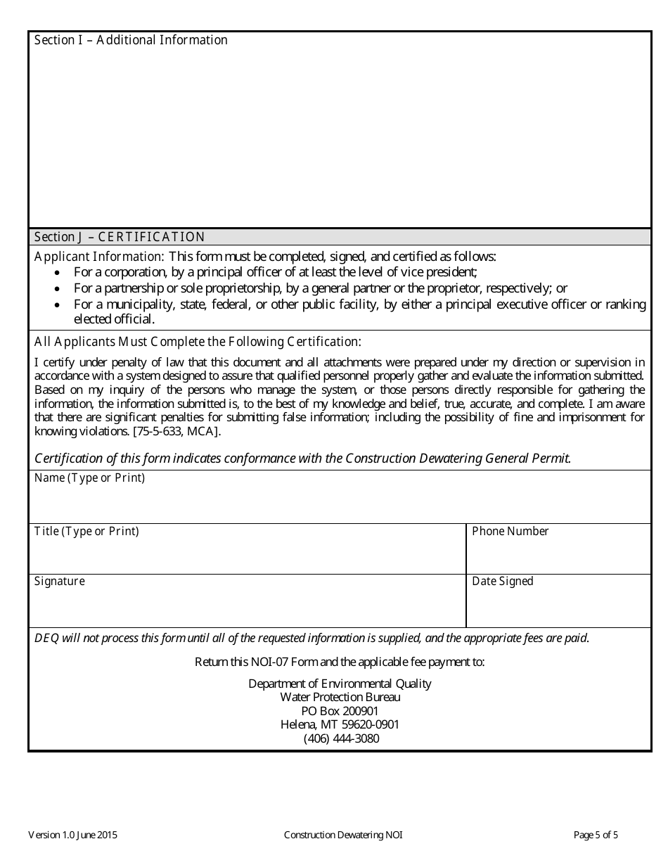 Form NOI-07 Notice of Intent Form - Construction Dewatering General Permit (Mtg070000) - Montana, Page 5