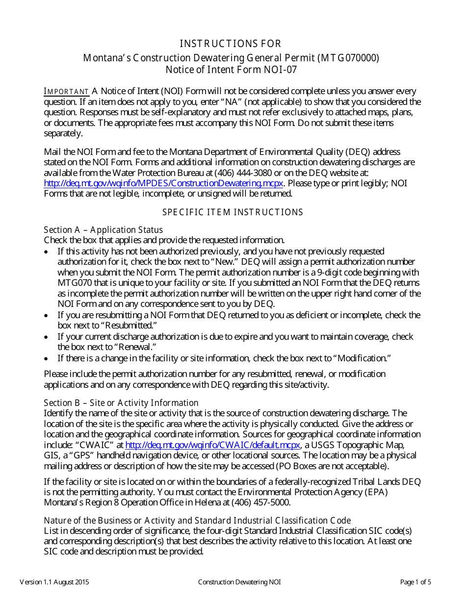 Form NOI-07 Notice of Intent Form - Construction Dewatering General Permit (Mtg070000) - Montana, Page 6