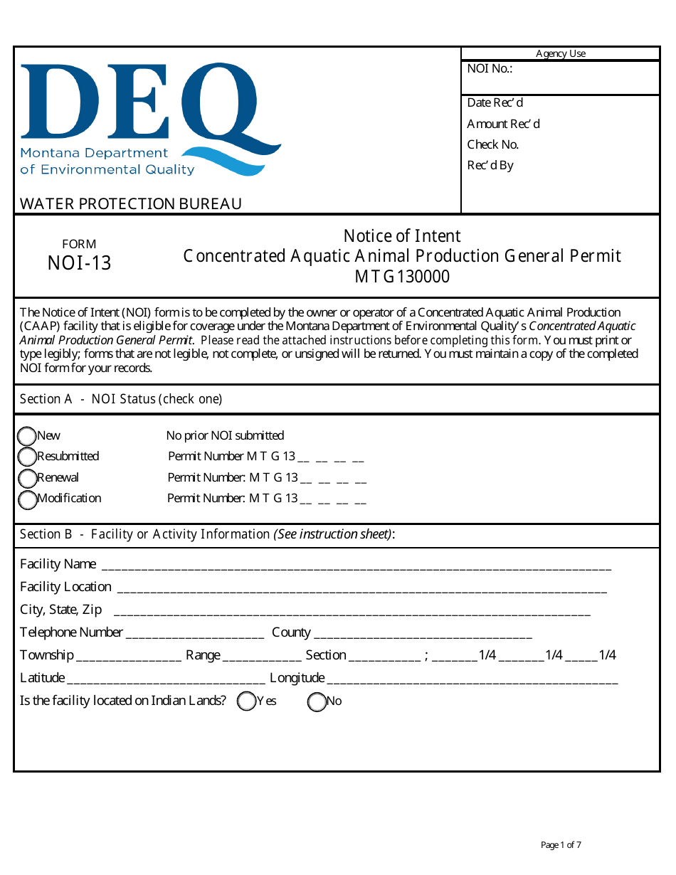 Form NOI-13 Notice of Intent - Concentrated Aquatic Animal Production General Permit (Mtg130000) - Montana, Page 1