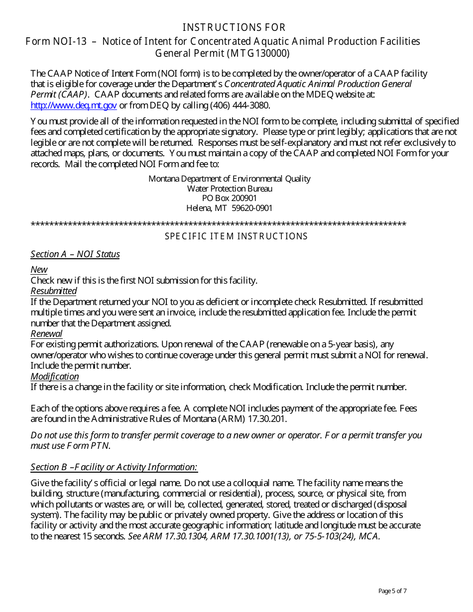 Form NOI-13 Notice of Intent - Concentrated Aquatic Animal Production General Permit (Mtg130000) - Montana, Page 5
