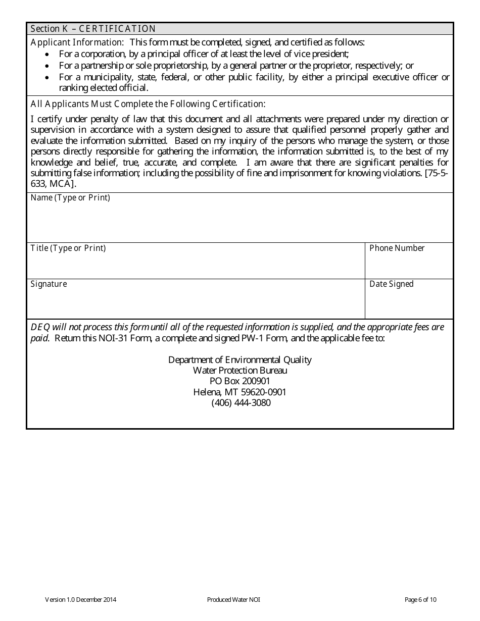 Form NOI-31 Notice of Intent (Noi) Form - Produced Water General Permit (Pwgp) - Montana, Page 6