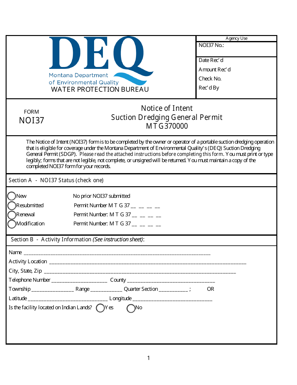 Form NOI37 Notice of Intent - Suction Dredging General Permit (Mtg370000) - Montana, Page 1