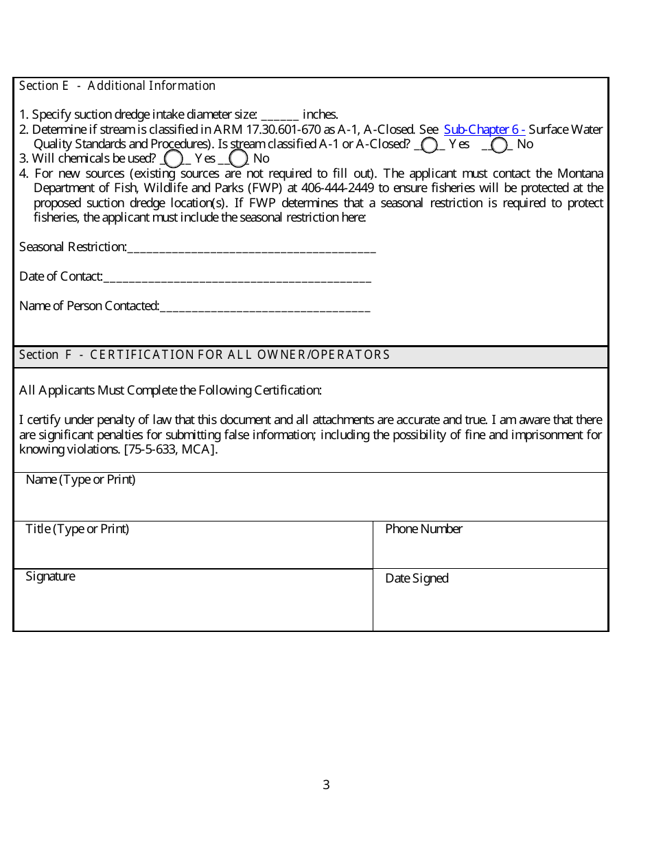 Form NOI37 Notice of Intent - Suction Dredging General Permit (Mtg370000) - Montana, Page 3