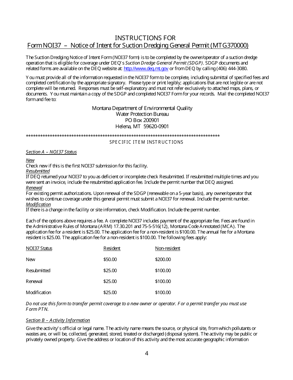 Form NOI37 Notice of Intent - Suction Dredging General Permit (Mtg370000) - Montana, Page 4