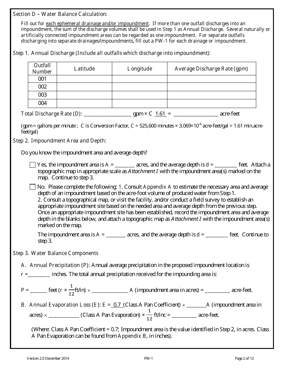 Form PW-1 Produced Water Storage Capacity Self-evaluation - Montana, Page 2