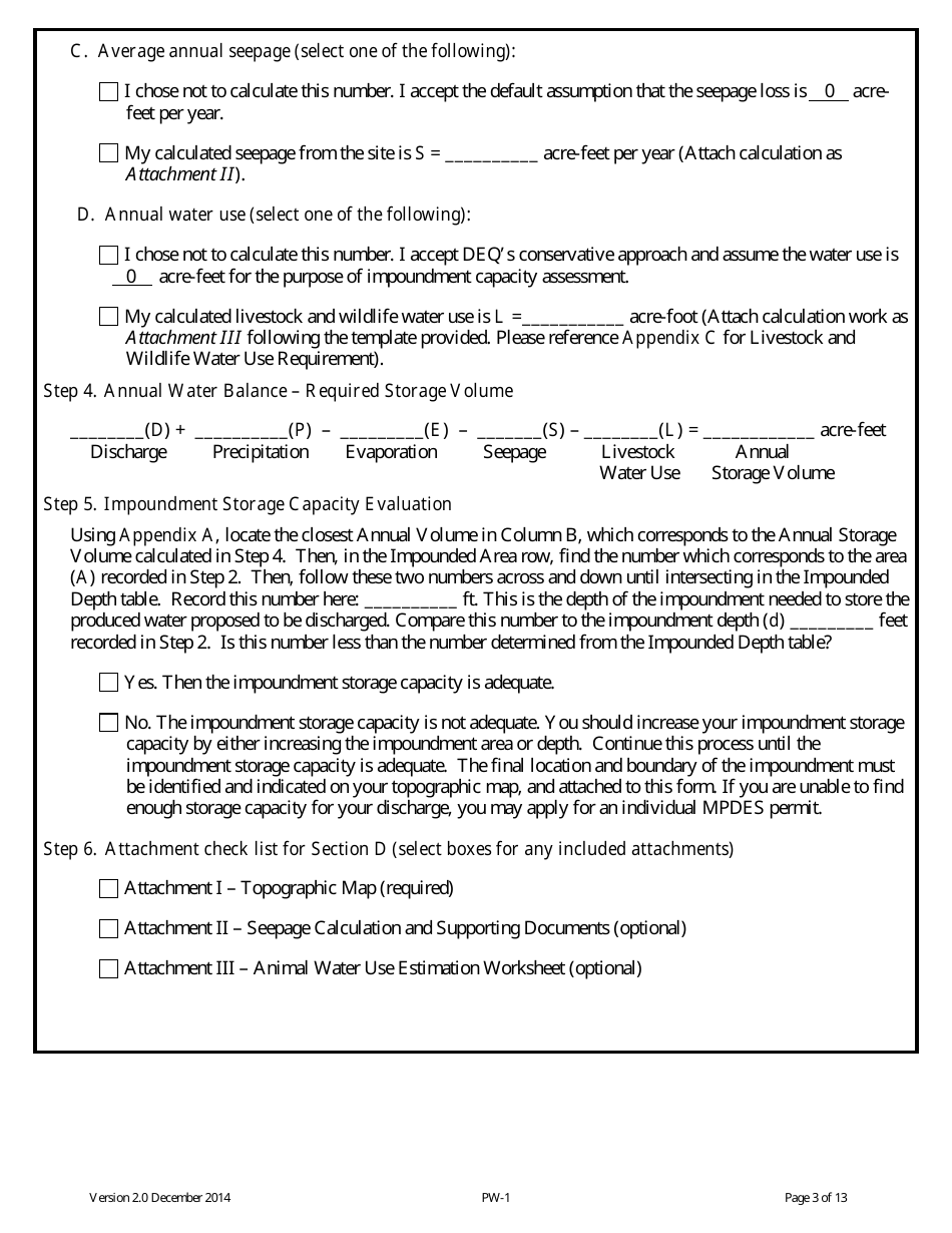 Form PW-1 Produced Water Storage Capacity Self-evaluation - Montana, Page 3