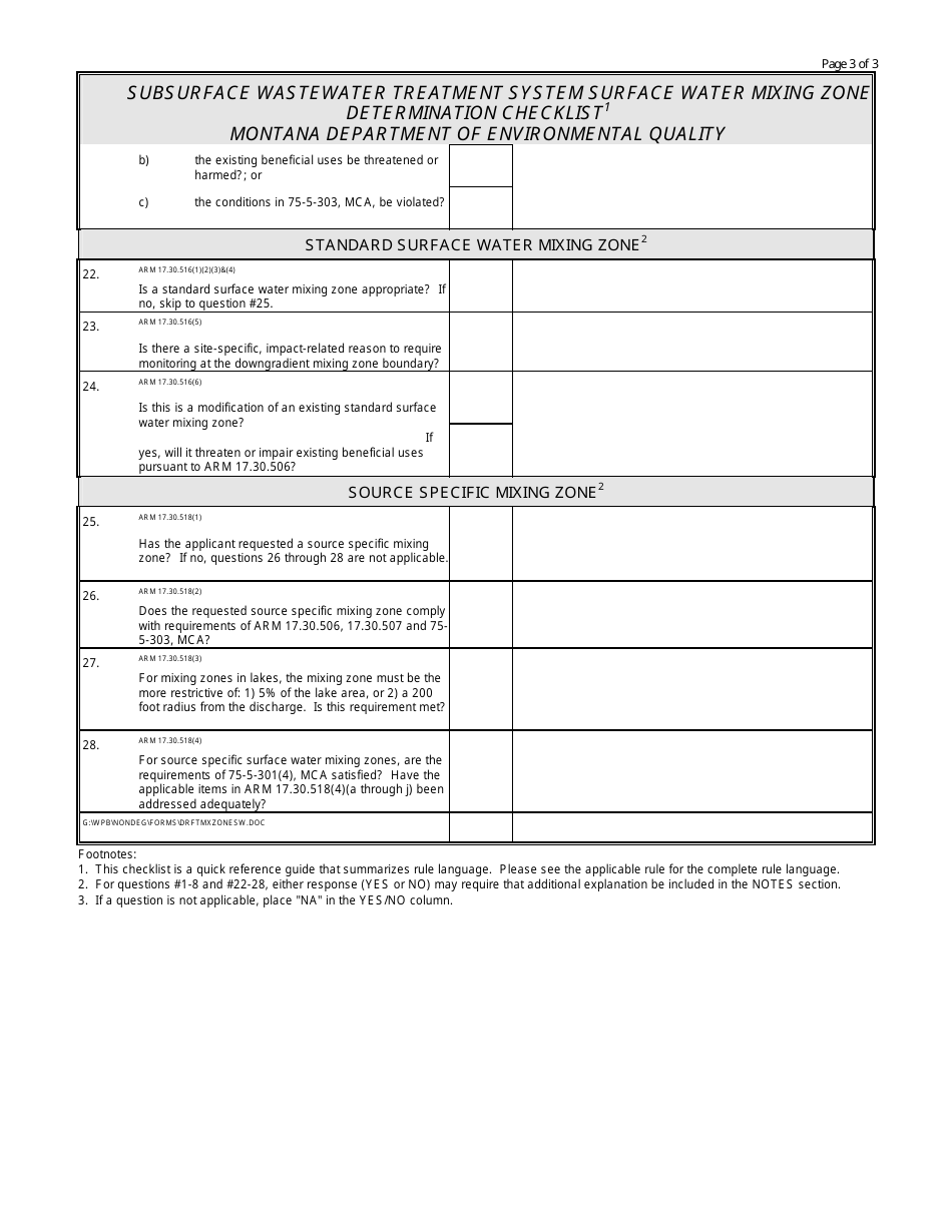 Appendix D Subsurface Wastewater Treatment System Surface Water Mixing Zone Determination Checklist - Montana, Page 3