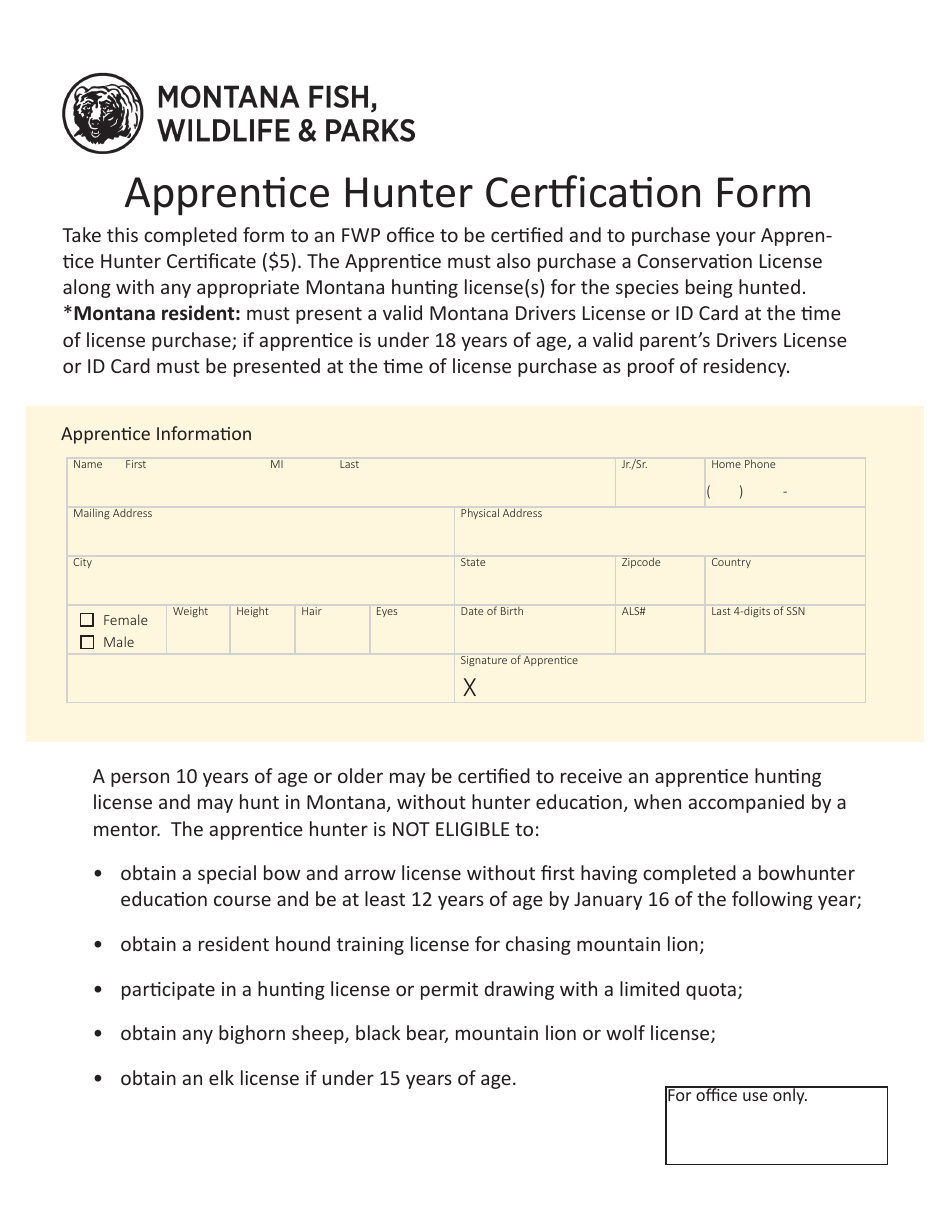 Montana Apprentice Hunter Certfication Form Fill Out, Sign Online and