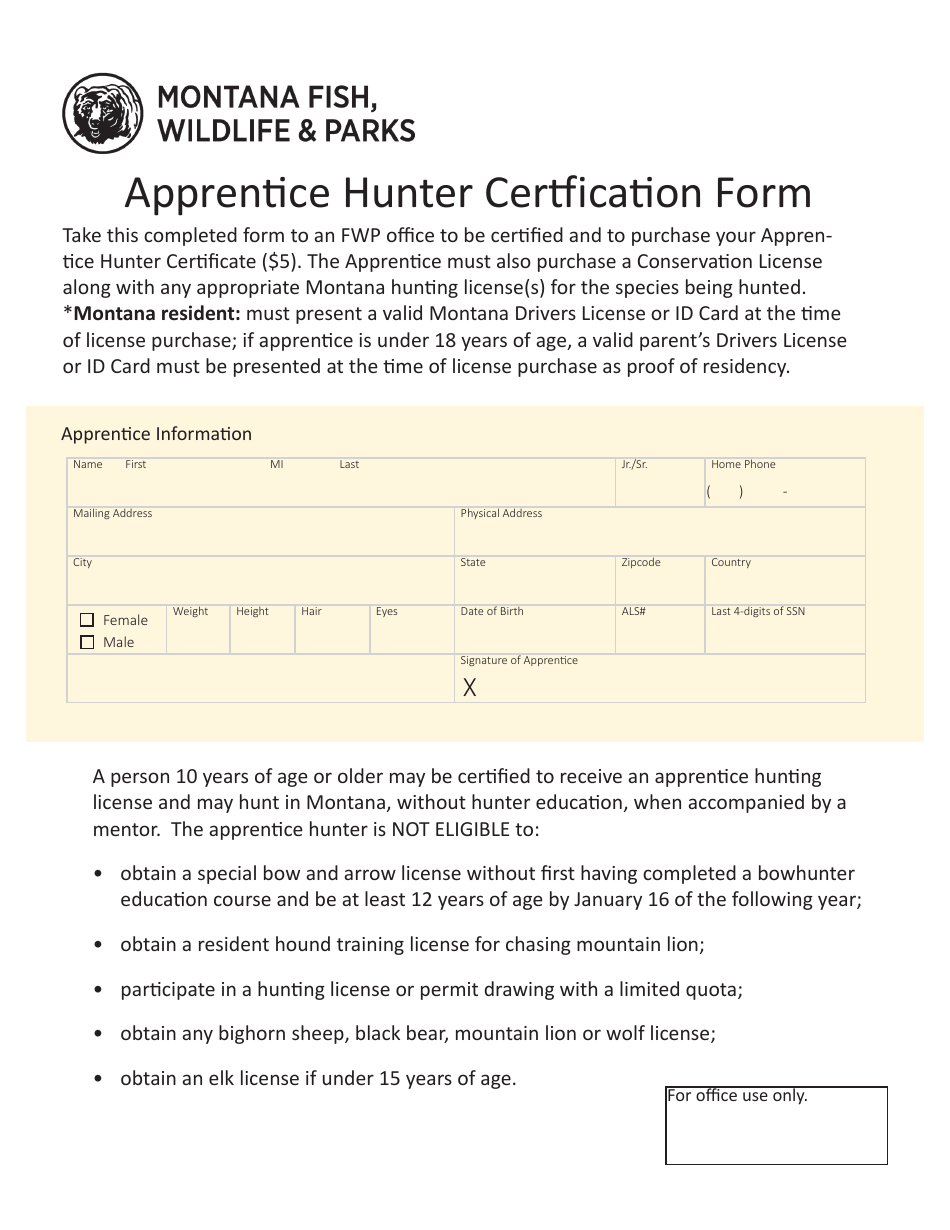 Apprentice Hunter Certfication Form - Montana, Page 1