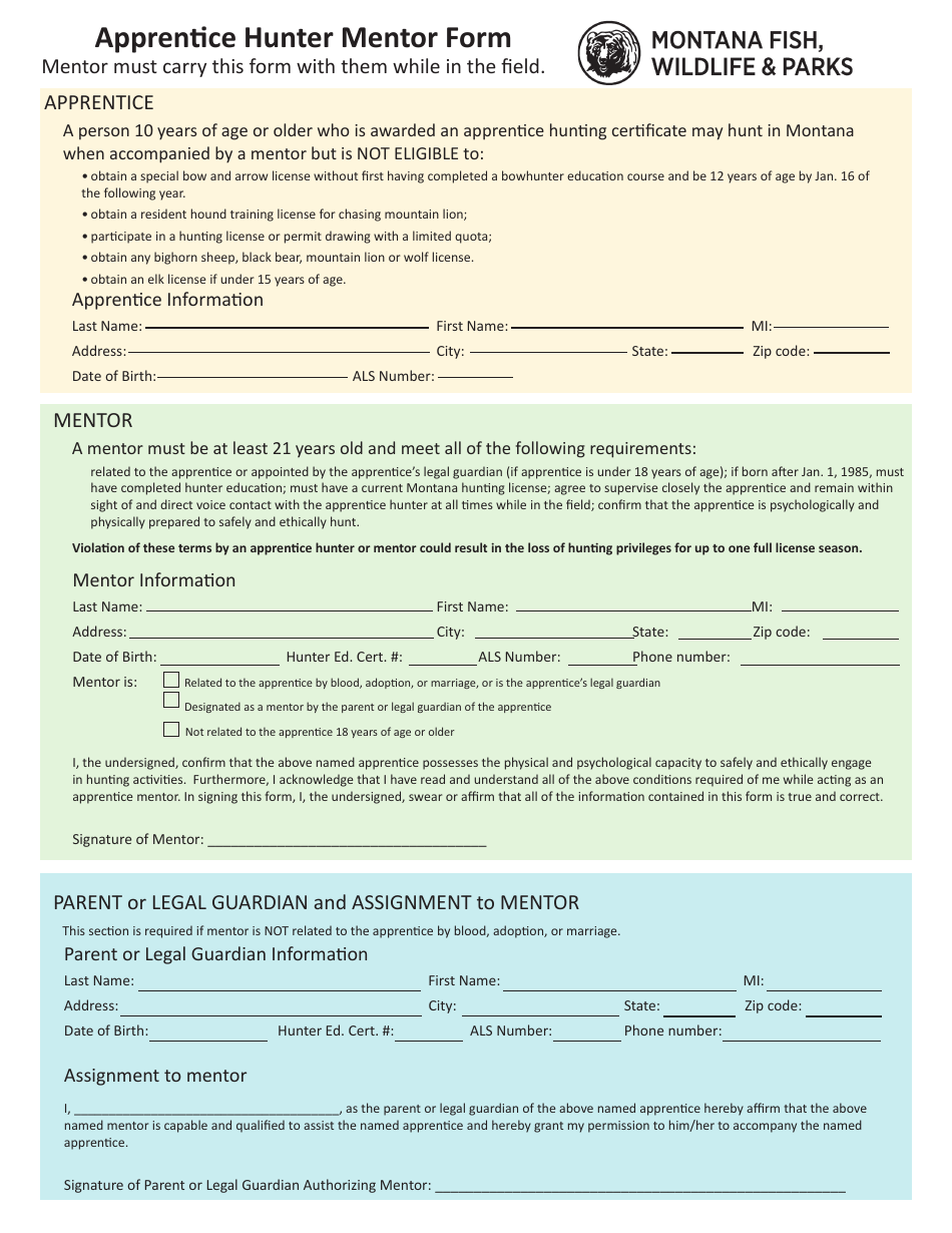 Montana Apprentice Hunter Mentor Form Fill Out, Sign Online and