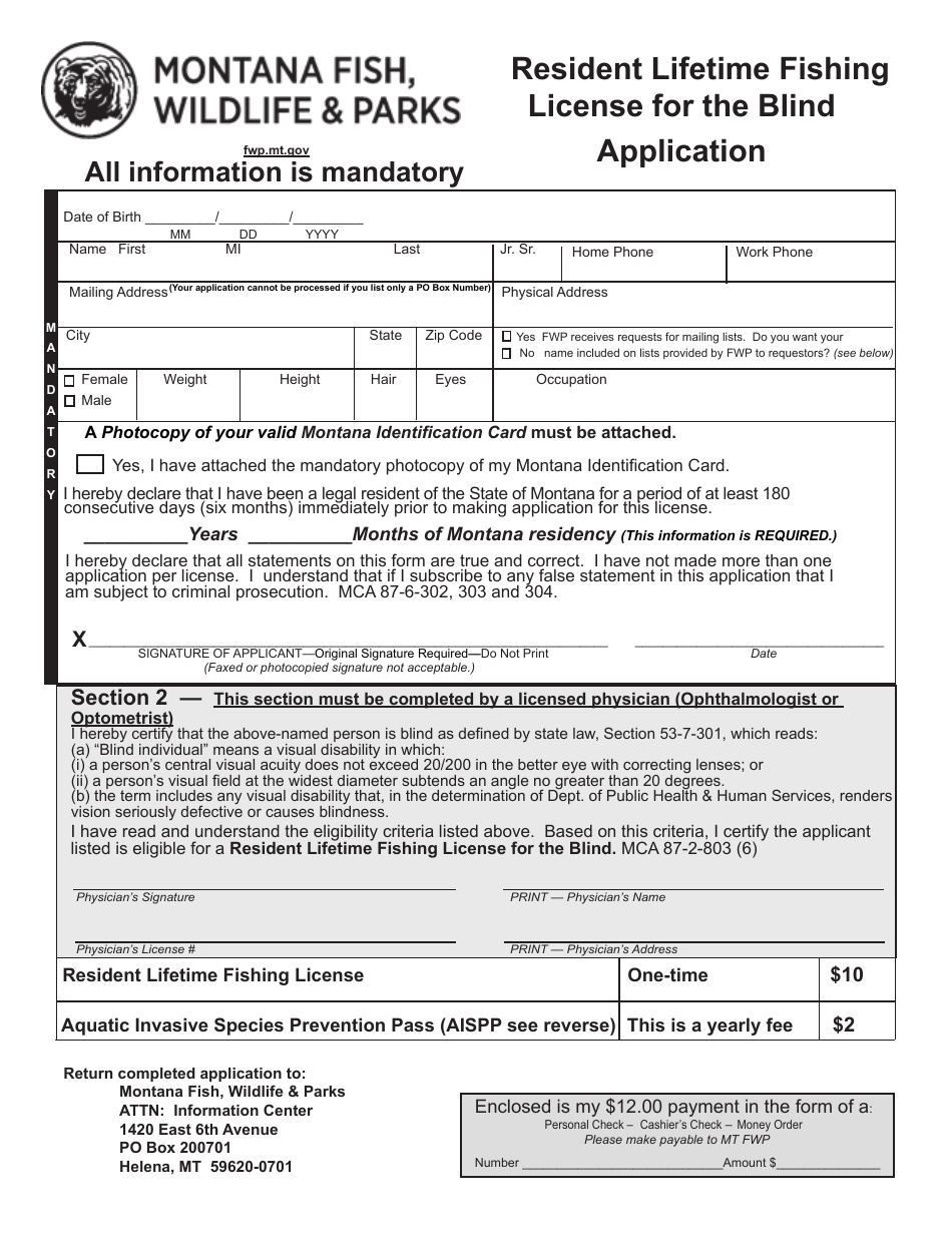 Resident Lifetime Fishing License for the Blind Application Form - Montana, Page 1