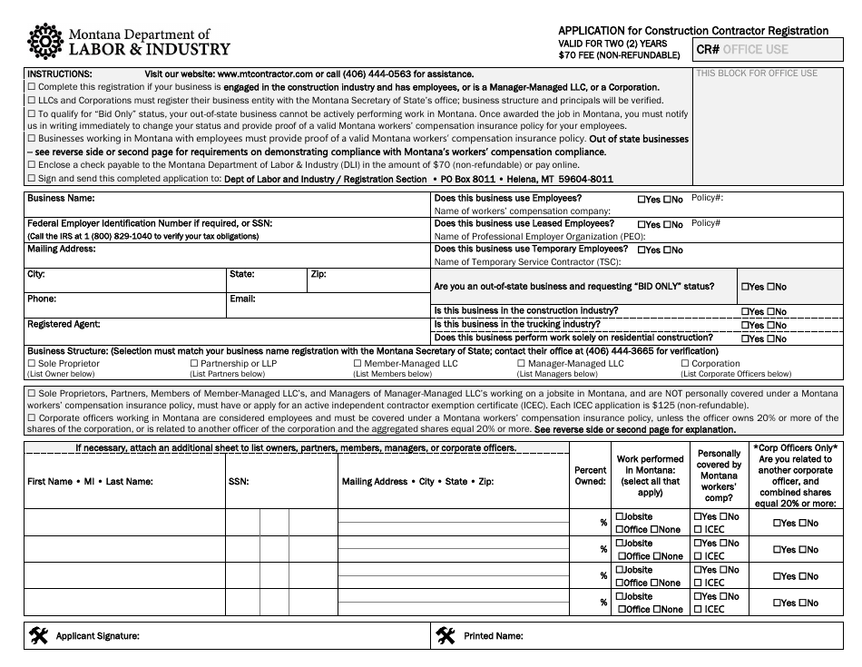 Form DLI-ERD-WCR01 Application for Construction Contractor Registration - Montana, Page 1