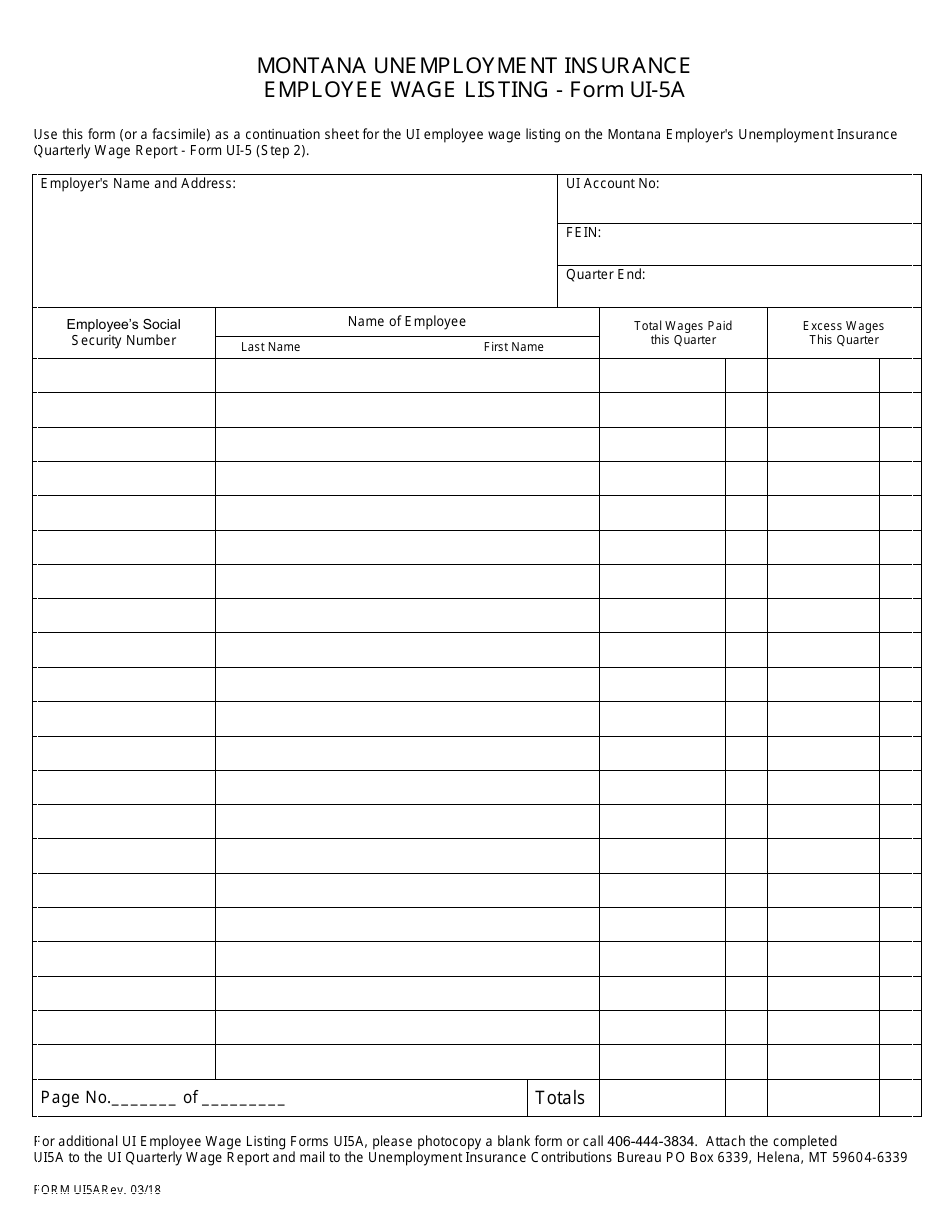 Form UI-5A Montana Unemployment Insurance Employee Wage Listing - Montana, Page 1