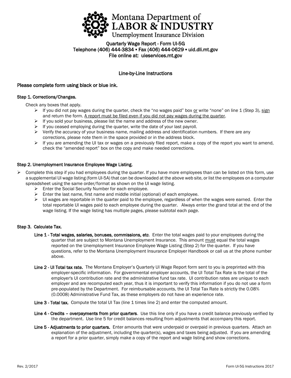 Instructions for Form UI-5G Montana Employers Unemployment Insurance (Ui) Quarterly Wage Report - Montana, Page 1