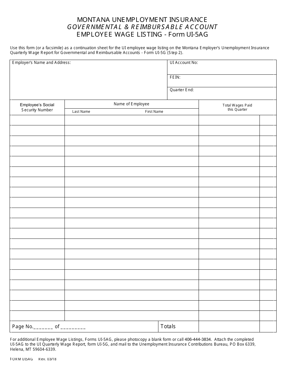 Form UI-5AG Governmental  Reimbursable Account Employee Wage Listing - Montana, Page 1