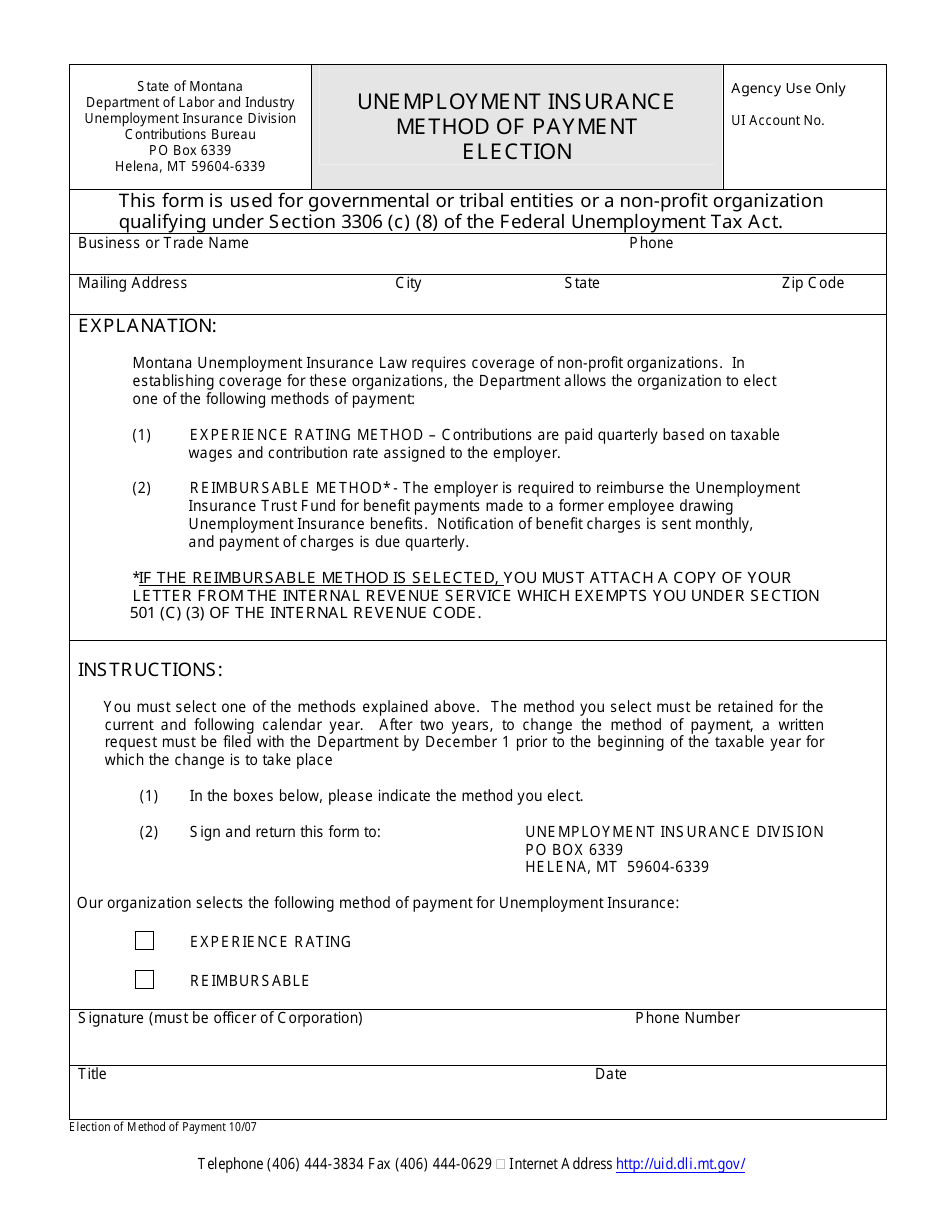Unemployment Insurance Method of Payment Election - Montana, Page 1
