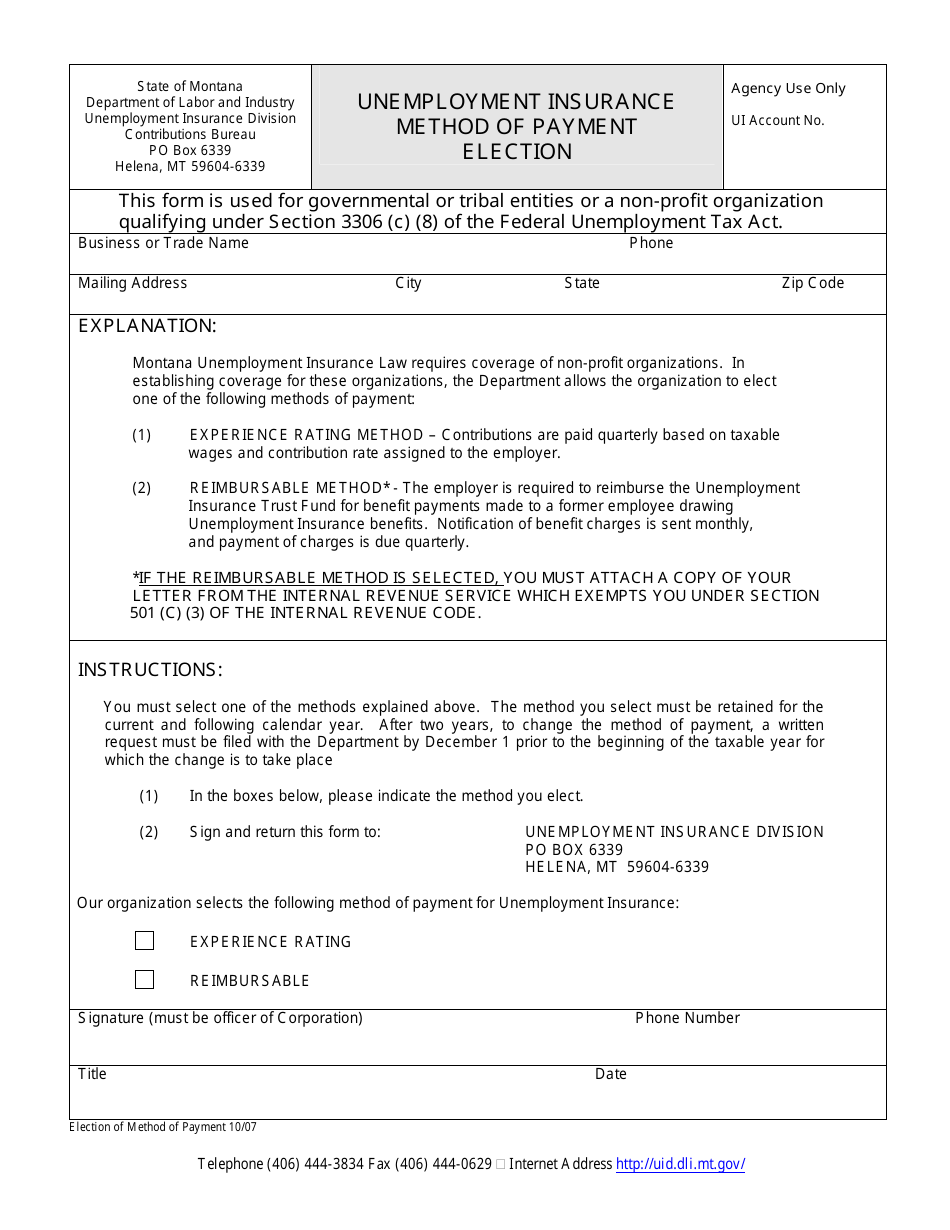 Montana Unemployment Insurance Method of Payment Election Fill Out