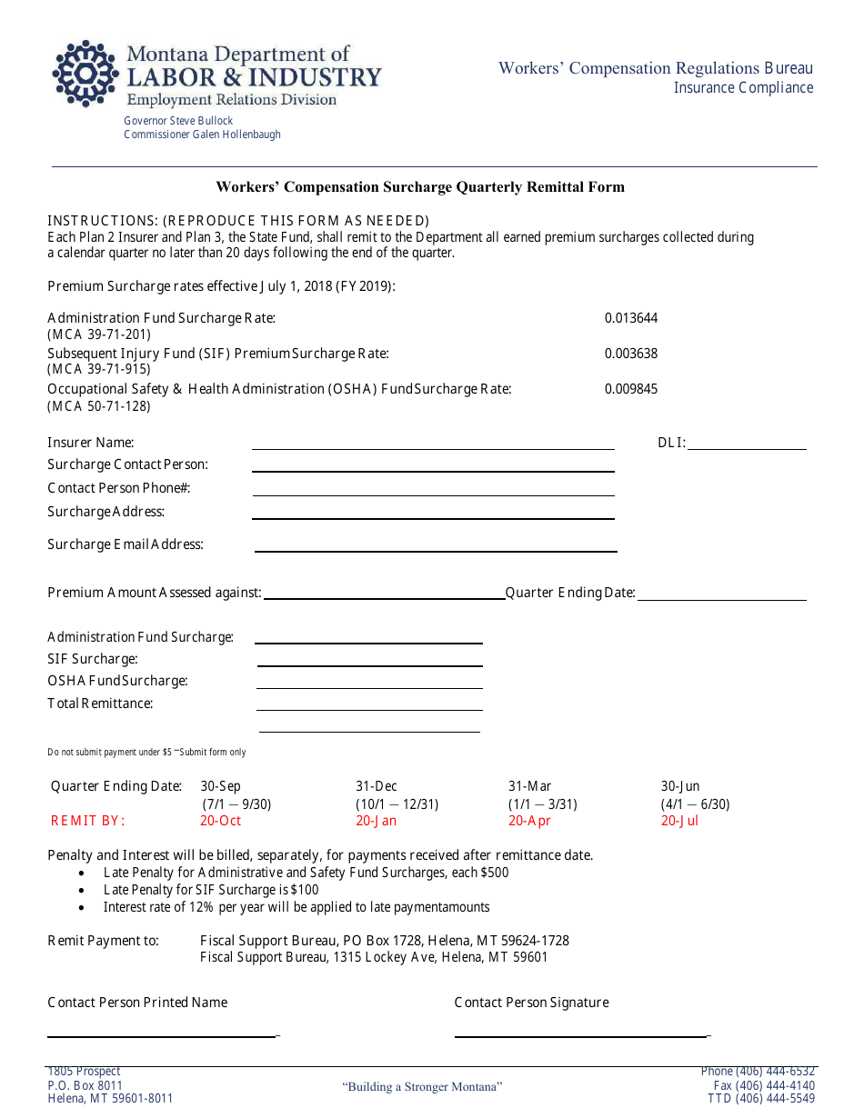 Workers Compensation Surcharge Quarterly Remittal Form - Montana, Page 1