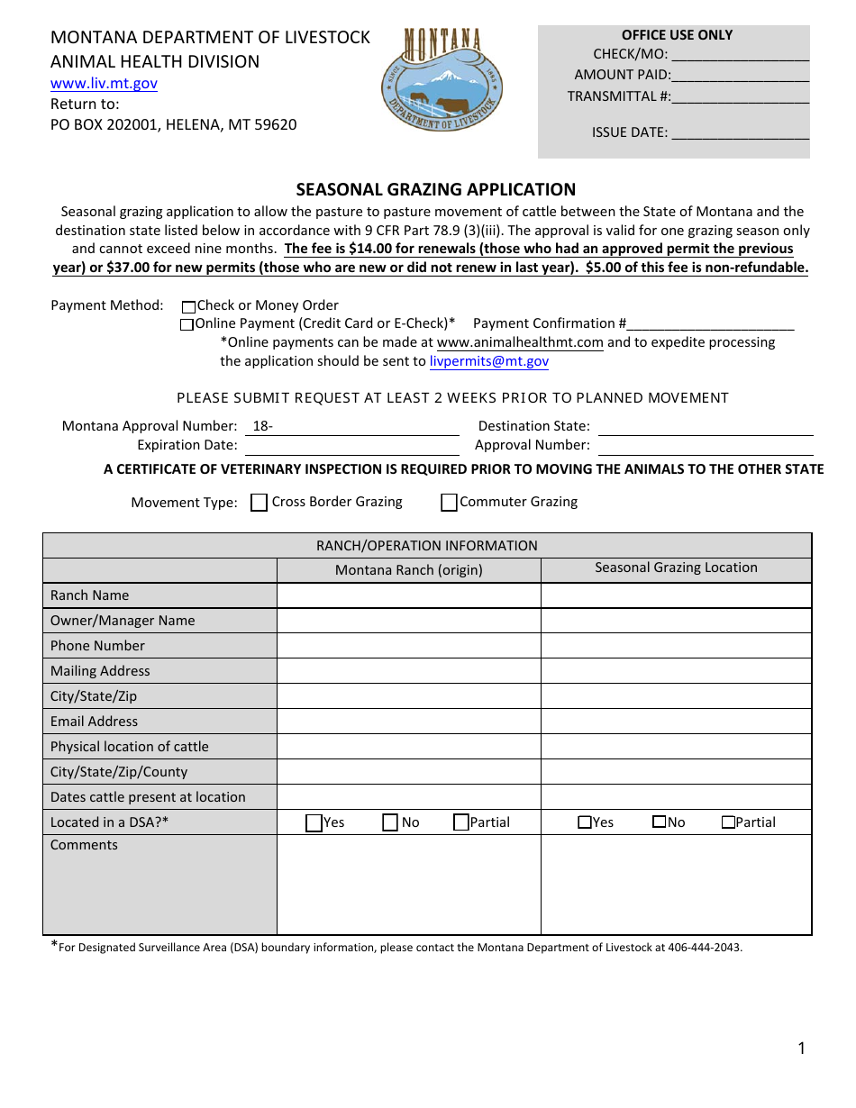 Seasonal Grazing Application Form - Montana, Page 1