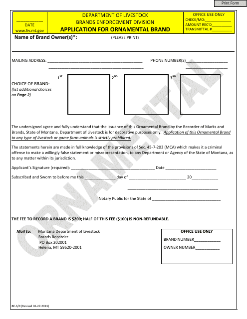 Form BE-3/0 Application for Ornamental Brand - Montana