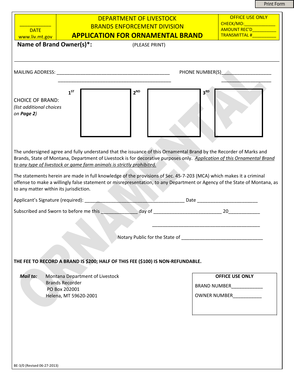 Form BE-3 / 0 Application for Ornamental Brand - Montana, Page 1