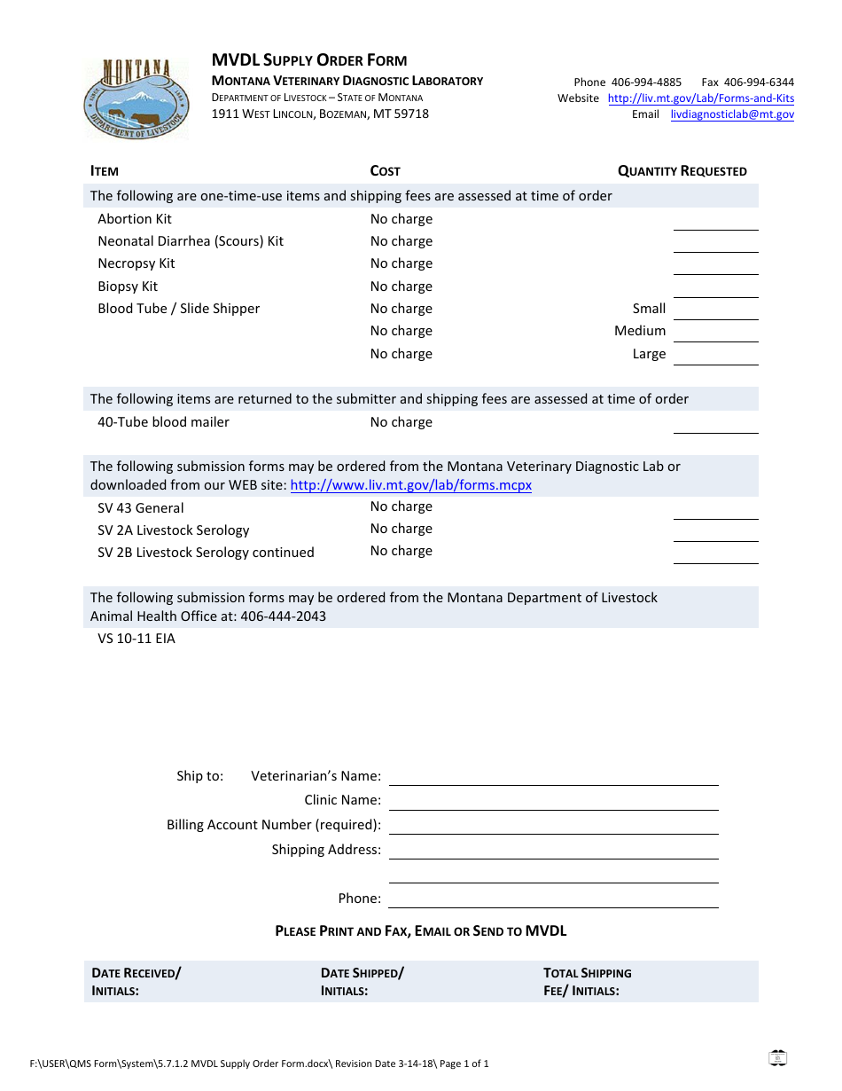Mvdl Supply Order Form - Montana, Page 1