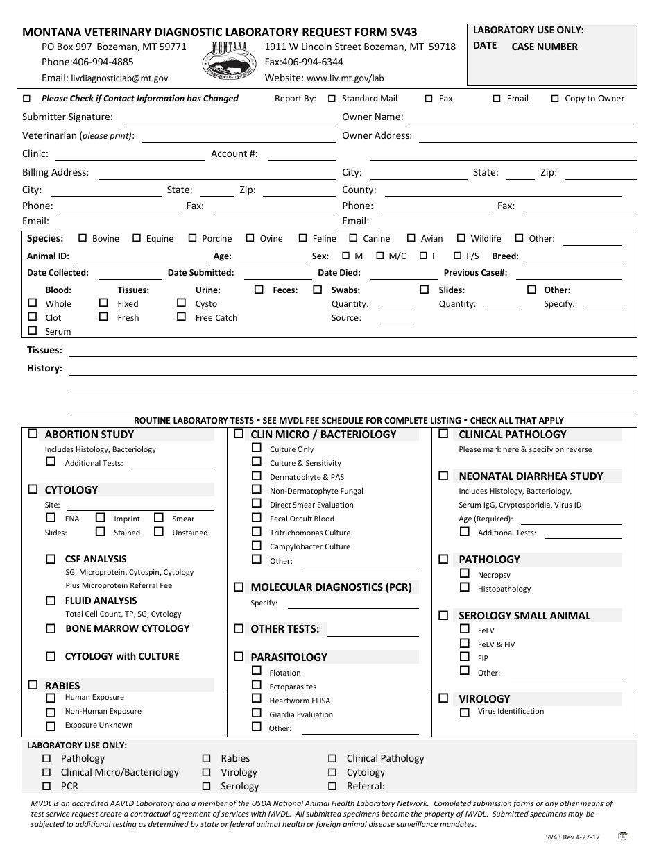 Form SV43 Single Animal Submission Form - Montana, Page 1