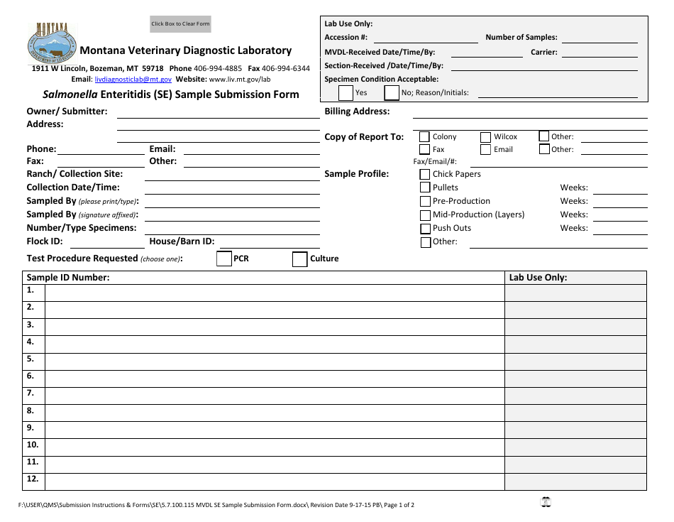 Salmonella Enteritidis (Se) Sample Submission Form - Montana, Page 1