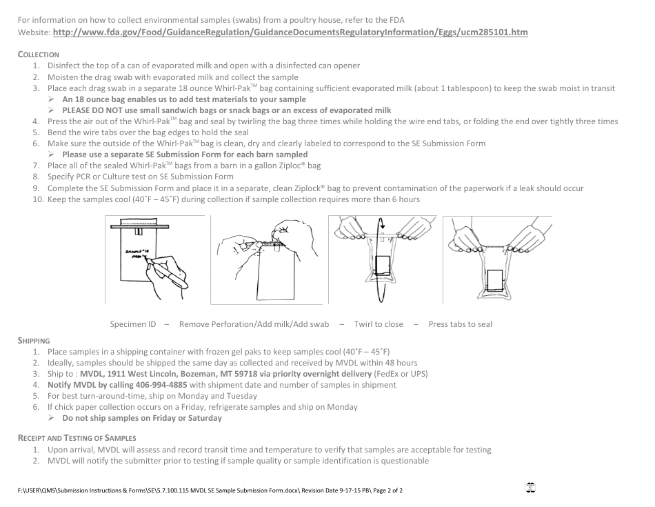 Salmonella Enteritidis (Se) Sample Submission Form - Montana, Page 2