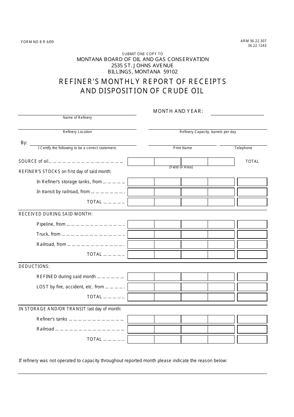 Form 8 Refiners Monthly Report of Receipts and Disposition of Crude Oil - Montana, Page 1