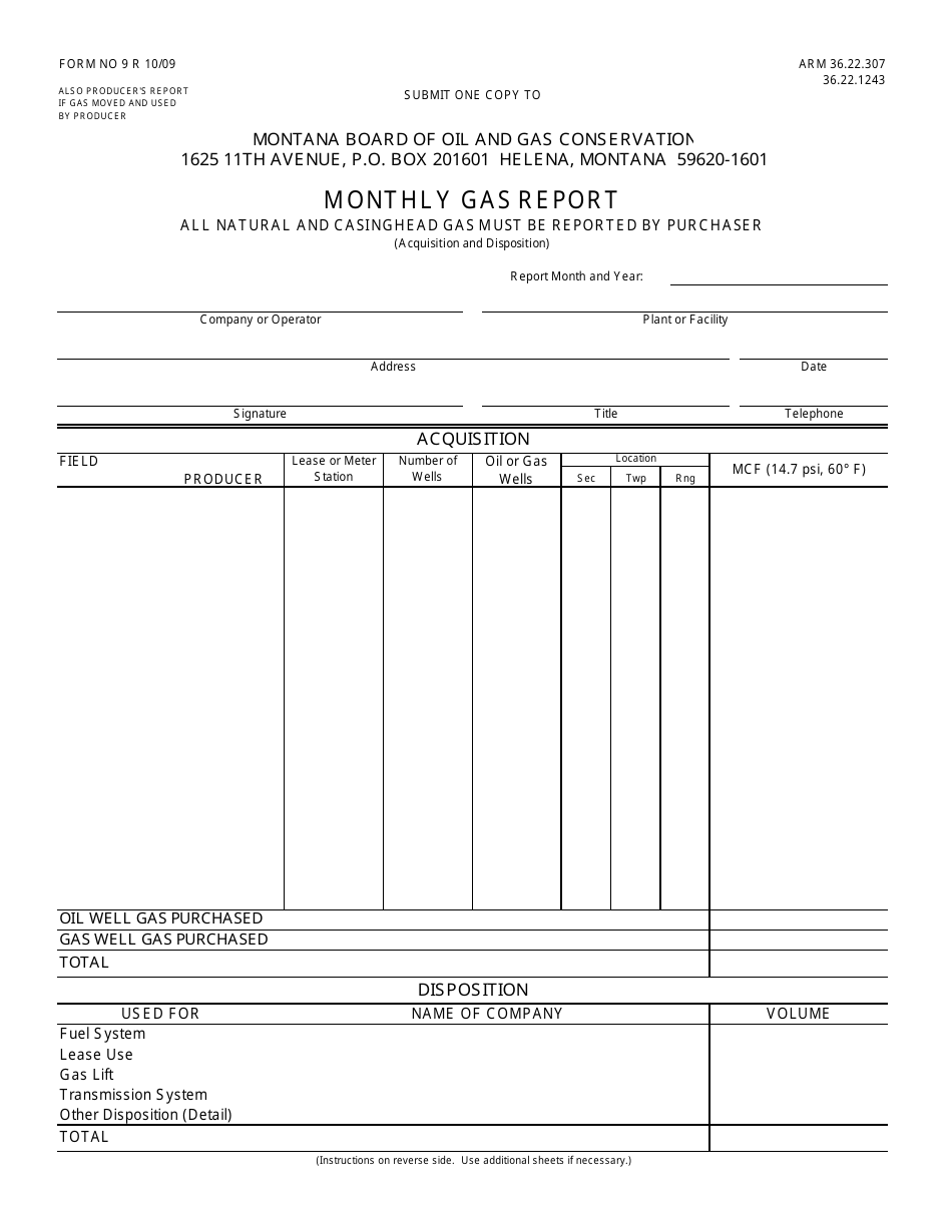 Form 9 Monthly Gas Report - Montana, Page 1