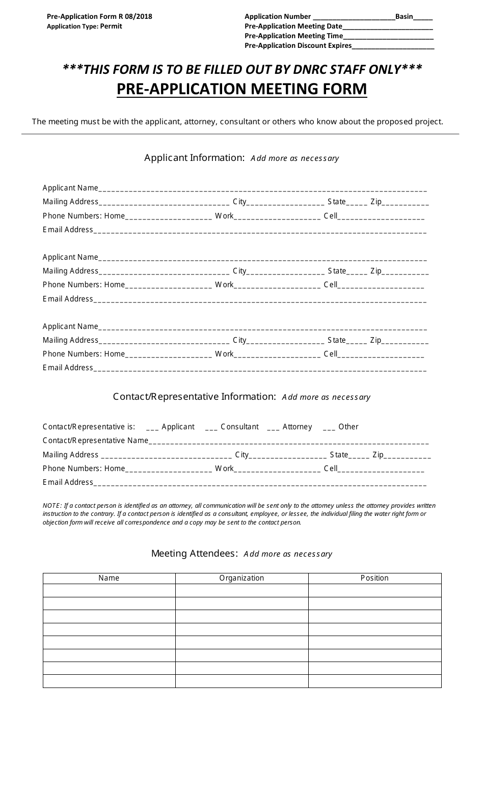 Pre-application Meeting Form - Beneficial Water Use Permit - Montana, Page 1